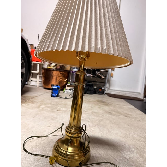 Vintage Brass Stiffel Hollywood Regency Table Lamp MCM 26” Tall 11.5” With Original Silk Shantung Pleated Shade. For Sale - Image 15 of 15