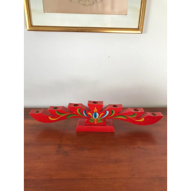 Vintage Wood Swedish Red Rosemaling Candelabra/ Taper Candle Holder For Sale - Image 9 of 9