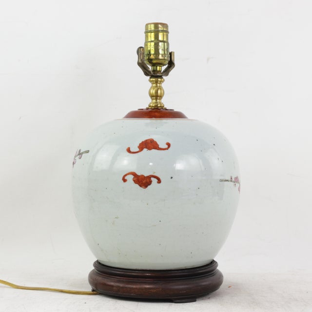 Antique Famille Rose Porcelain Vase Lamp With Birds on Flowering Plum Branches and Rockery For Sale - Image 4 of 14