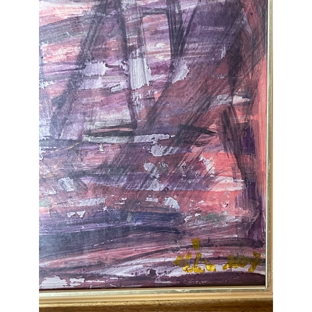 Purple Abstract original mixed media on paper painting by Elia framed in gold tone frame.