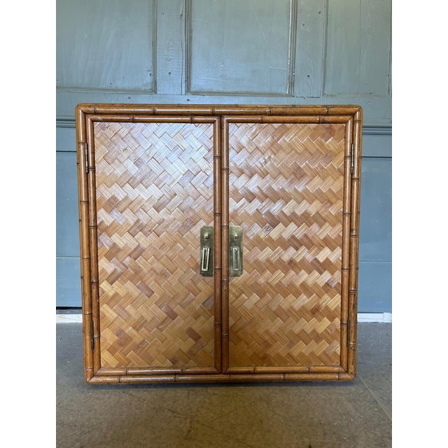 Wood Vintage Bamboo and Rattan Double Door Cabinet with Brass Handles For Sale - Image 7 of 10