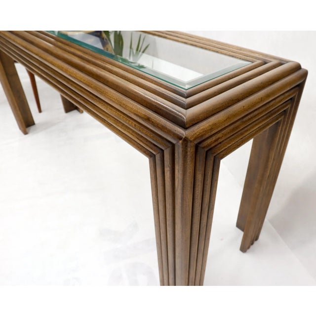 Mid-Century Modern reed or rattan glass top rectangle console wall sofa table.