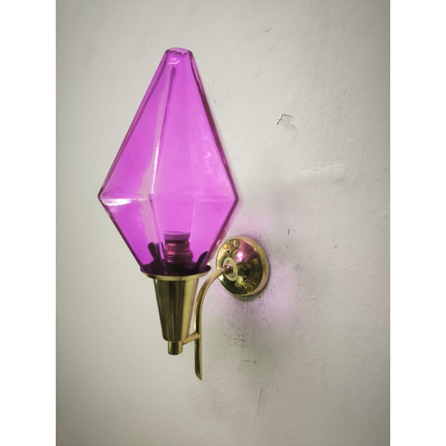 Brass Wall Lamp with Lilac Murano Glass, 1950s For Sale - Image 4 of 12