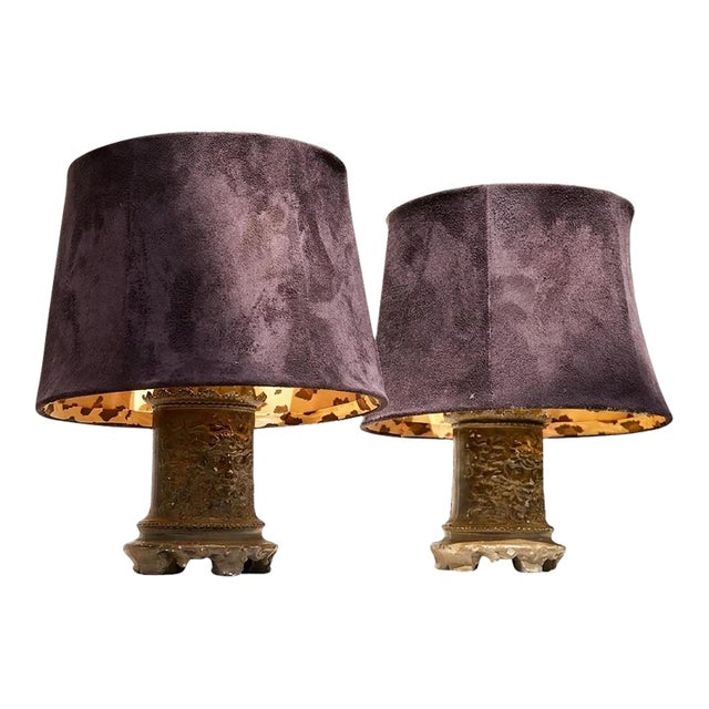 Vintage Ornate Table Lamps With Velvet Shades - Pair For Sale