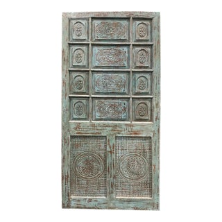 1920s Turquoise Carved Interior Wood Sliding Barn Door For Sale