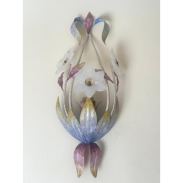 Blue Italian Hollywood Regency Murano Glass Flower Wall Sconces, 1970s, Set of 2 For Sale - Image 8 of 17
