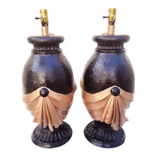 Vintage Plaster Hand Painted Black Gloss Gold Leaf Draped Hollywood Regency Serge Roche Style Table Lamps- a Pair For Sale