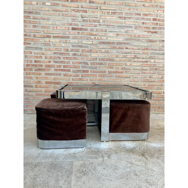 1970s Square Smoked Glass & Steel Coffee or Side Table with 4 Nesting Stools, 1970s, Set of 5 For Sale - Image 5 of 15