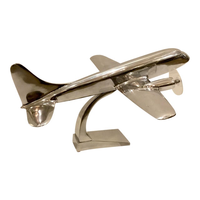 Vintage Art Deco Style DC3 Chrome Plane Model on Stand Sculpture