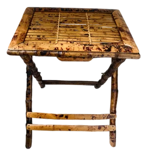 Ralph Lauren Style Faux ‘Scorched Tortoise’ Bamboo Cane Foldable Butler Serving Tray, Side Table, Nightstand Vintage Mid-Century, Circa 1940s