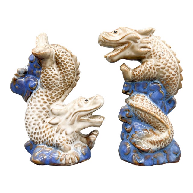Pair of Vintage Ceramic Asian Style Dragons on Cobalt Blue Waves – Sculptural Figurines - Chinoiserie, Mid Century Modern Eclectic, Hollywood Regency For Sale