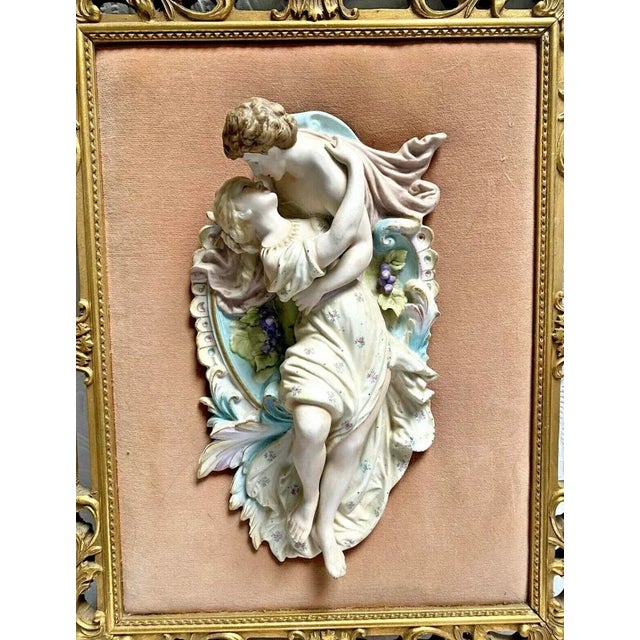 Beautiful Antique Vintage Bisque Lovers Porcelain Figural in gorgeous carved Gold Wood Frame, measuring 18" X 22", would...