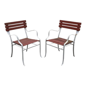 Vintage Wrought Iron Wood Slat French Style Garden Patio Outdoor Chairs - A Pair