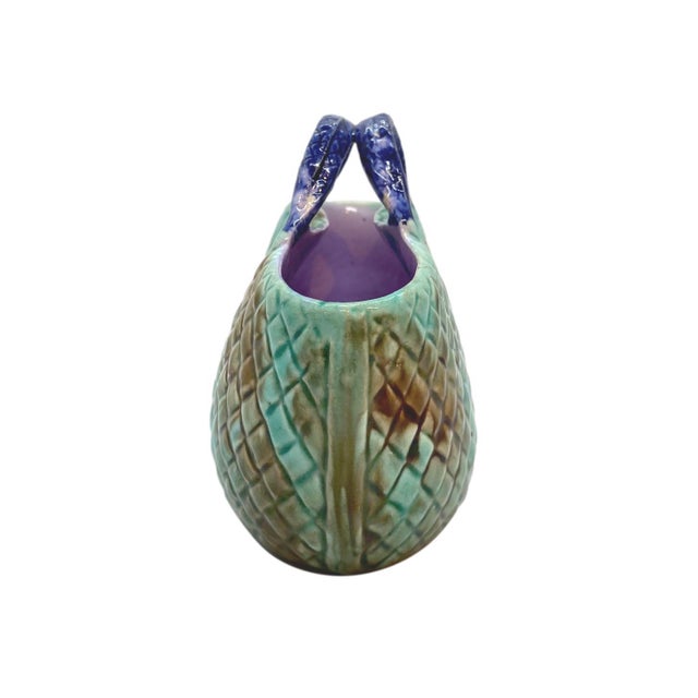 Late 19th Century English Majolica Basket Mottled Green Cobalt Handle Lavender Interior, Ca. 1875 For Sale - Image 5 of 8