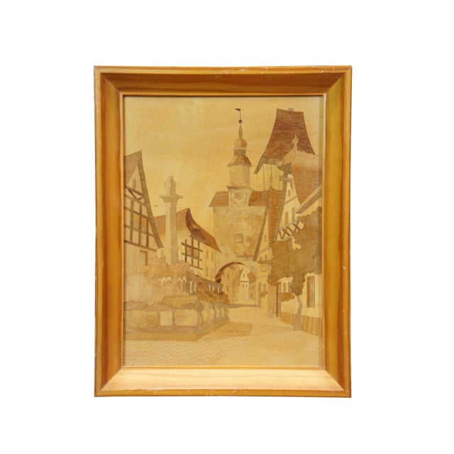 Pair of mid 20th century wooden inlay / marquetry cityscapes by Schild Intarsia, depicting a pair of picturesque German /...