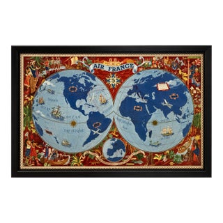 Mid 20th Century Lucien Boucher - Air France World Map, Color Lithograph Travel Poster For Sale