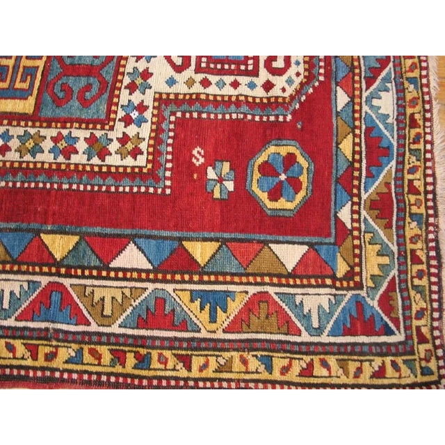 1930s 1930s Ruby Red Abstract Tribal Antique Caucasian Kazak Rug 4'4" X 5'3" Knotted Wool Carpet For Sale - Image 5 of 9