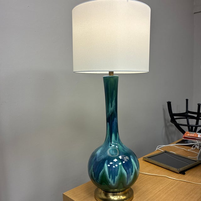 Gorgeous Mid-Century Blue Green Drip Glaze Lamp
