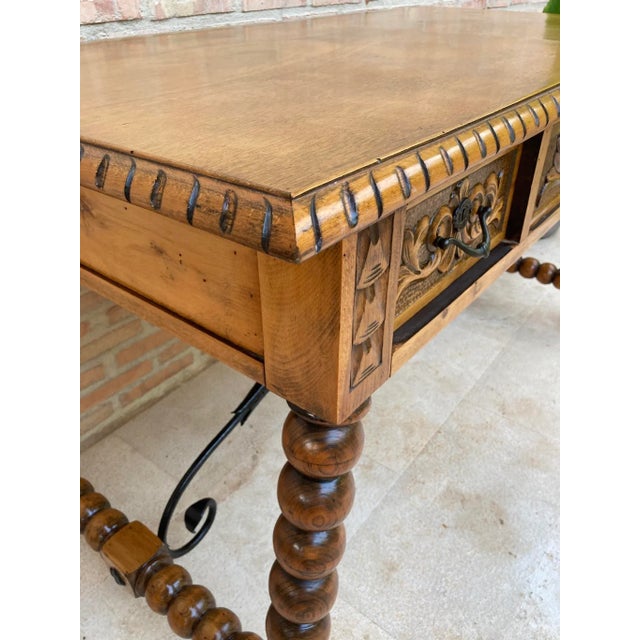 19th-Century French Hand Carved Oak Desk with Iron Stretcher & Solomonic Legs For Sale - Image 15 of 18
