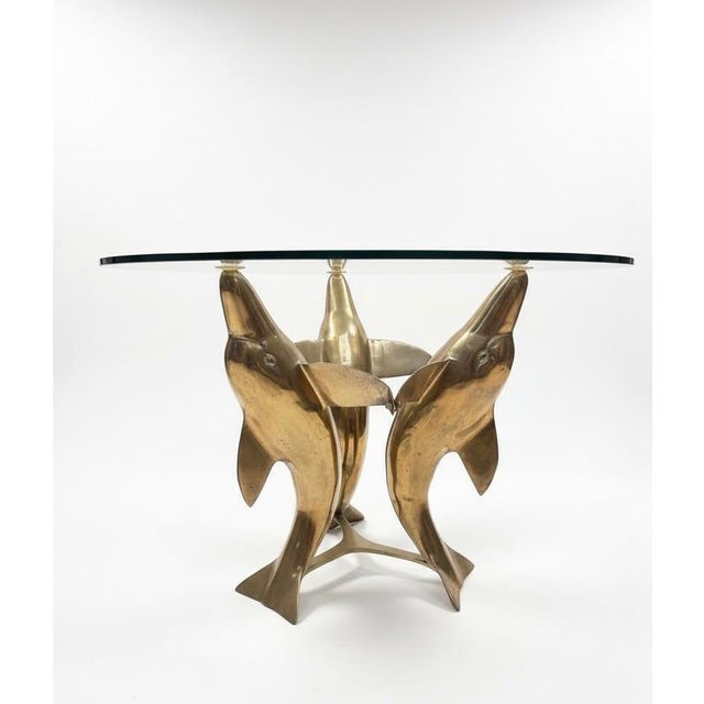 Mid 20th Century Triple Dolphin Brass Table With Clear Glass Top For Sale - Image 4 of 4