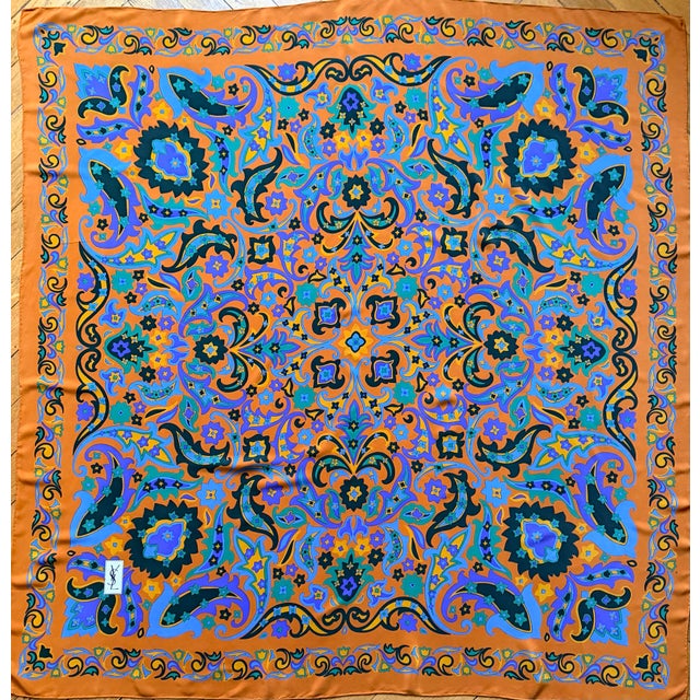 YVES SAINT LAURENT large silk scarf with multicolored arabesque print, 1980 This vintage scarf perfectly embodies the Yves...