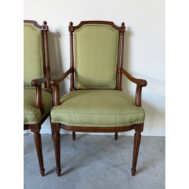 Vintage French Louis XVI Style Carved Walnut Armchairs With Green Upholstery – A Pair For Sale - Image 9 of 12