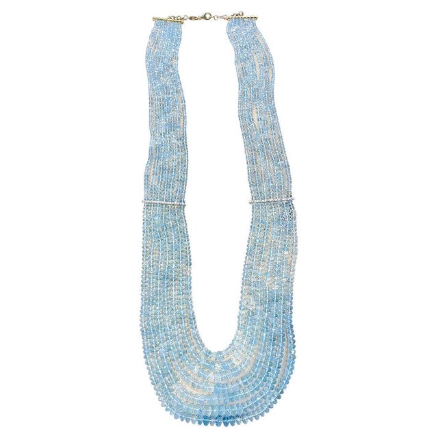 1100 Ct 6 Layer Natural Aquamarine Bead Necklace 14 Kt Gold and Diamond Necklace For Sale - Image 15 of 18