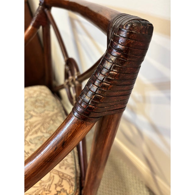 Coffee 2 Professionally Refurbished McGuire Target Back Rattan Lounge Chairs With Ottoman. Upholstered in New Curated Green and Blue Vintage Fabric. For Sale - Image 8 of 12