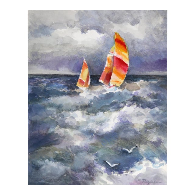 Sailboat in Storm, Erik Freyman Watercolor With Pastels on Paper, Signed in Pen For Sale