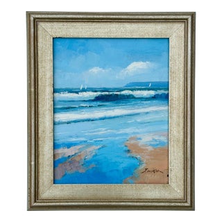 Coastal Shoreline Beach & Sailboats Seascape Oil Painting Including an Antiqued Silver Wood Frame For Sale