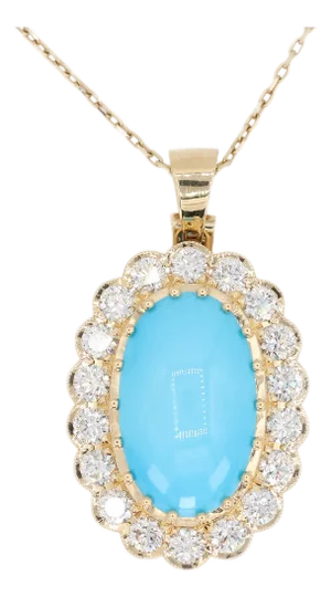 18k Persian Turquoise and Diamond Pendant Womens Yellow Gold Oval Cabochon