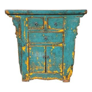 Vintage Distressed Turquoise Marks Credenza Side Table Cabinet For Sale