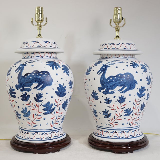 Early 21st Century Pair of Vintage Brunschwig & Fils Cadiz Table Lamps With Lid - Blue and White Ceramic With Boar and Deer Motif For Sale - Image 5 of 18