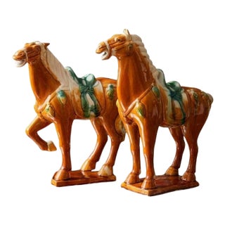 Vintage Pair of Tang Ceramic Horse Statues 14.5 Inch Tall Chinoiserie Statement Decor For Sale