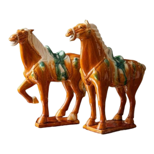Vintage Pair of Tang Ceramic Horse Statues 14.5 Inch Tall Chinoiserie Statement Decor