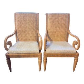 Vintage Woven Rattan High-Back Armchairs With Scroll Arms, a Pair For Sale