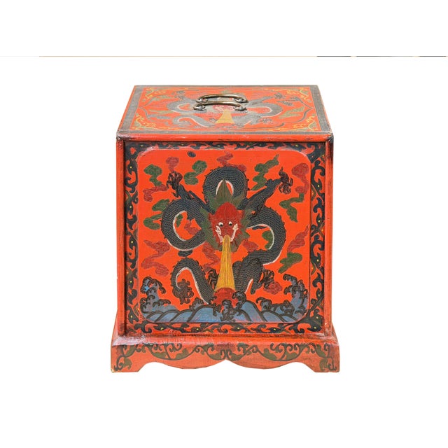 1980s Vintage Distressed Chinese Red Dragon Graphic Drawers Chest For Sale - Image 5 of 14