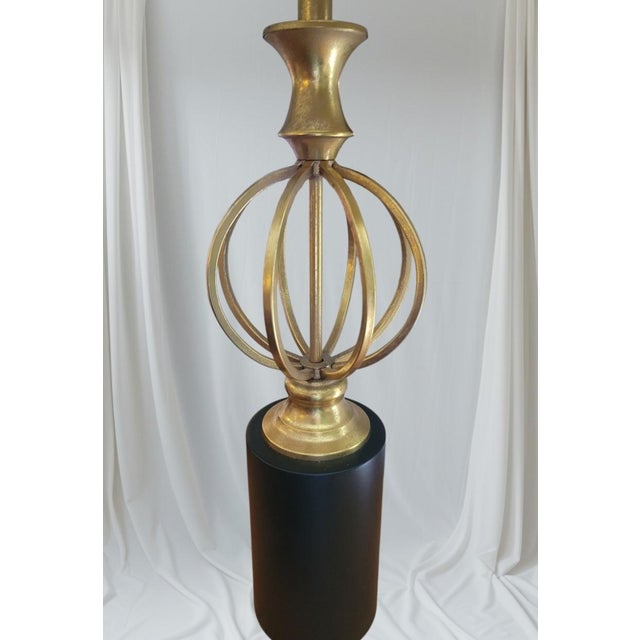 Contemporary Vintage Tall Modern Black Metal Base Gold Leaf Sphere Brass Trim Table Lamps- A Pair For Sale - Image 3 of 7