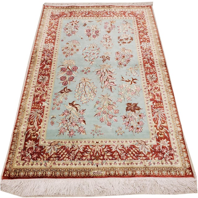 Late 20th Century Rare Finely Woven Persian Silk Qum, Handmade Oriental Rug, Sky Blue and Red For Sale - Image 12 of 17