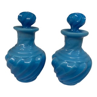 Antique Blue Opaline Glass Vanity Bottles With Swirl Pattern - Pair For Sale