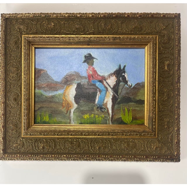 Pair of Small Western Cowboy & Horse Paintings in Ornate Gold Wood Frames - Unsigned Unknown Artist For Sale In Cincinnati - Image 6 of 7