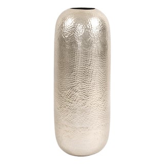 Oversized Metal Cylinder Vase with Hammered Silver Finish- Large For Sale