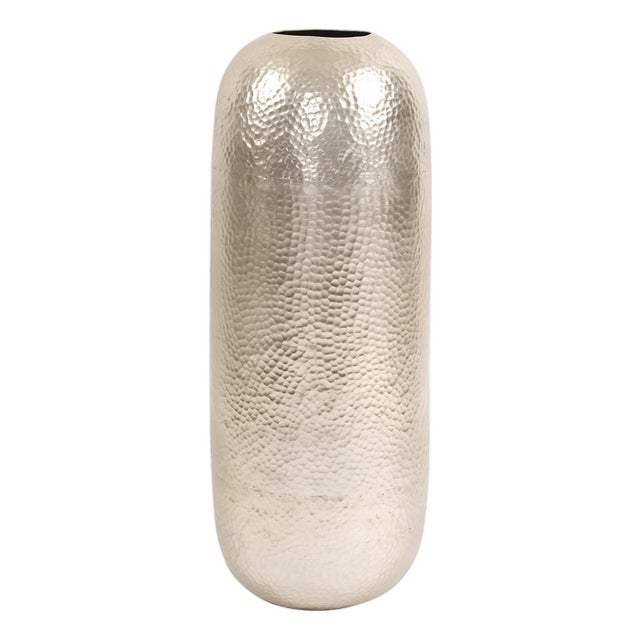 Oversized Metal Cylinder Vase with Hammered Silver Finish- Large For Sale