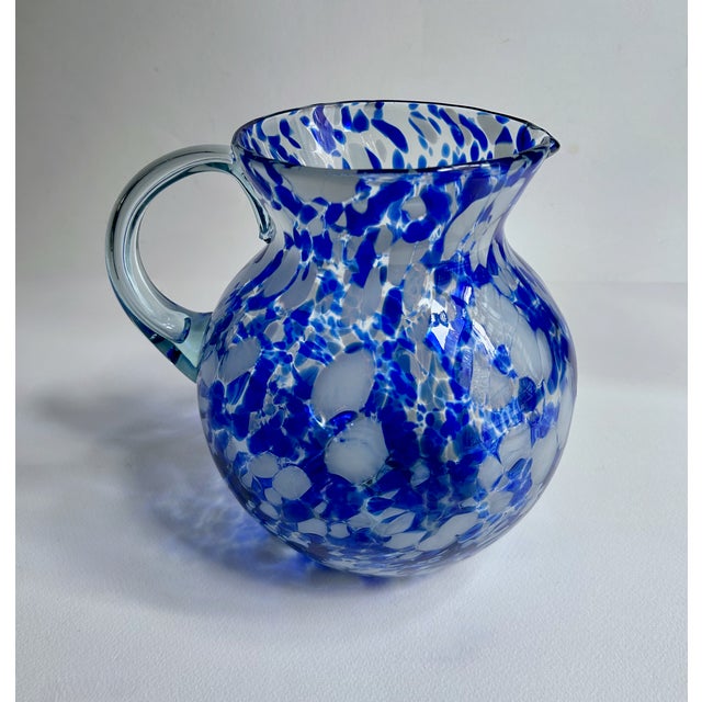 Traditional Vintage Hand Blown Blue & White Spatter Handled Glass Pitcher For Sale - Image 3 of 16