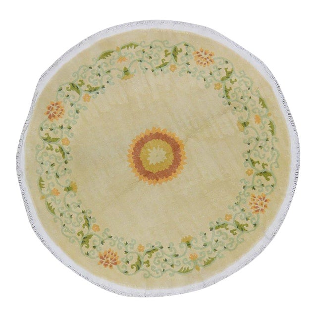 Vintage Chinese Art Deco Knotted Wool Rug, Round For Sale