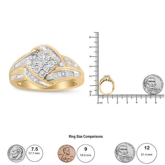 Metal 10K Yellow and White Gold 3/4 Cttw Diamond Cluster and Swirl Ring (H-I Color, I1-I2 Clarity) For Sale - Image 7 of 7