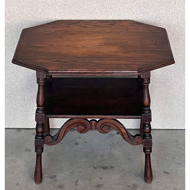 Spanish Spanish Two-Tier Walnut Console Side Table With Carved Legs and Stretcher For Sale - Image 3 of 13