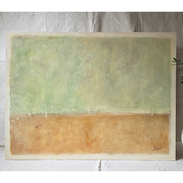 Contemporary Neutral Wall Art by Irene Alard Original Minimalist Abstract Landscape Painting in Earth Tones – Soft Green & Ochre Horizon, For Sale - Image 4 of 6