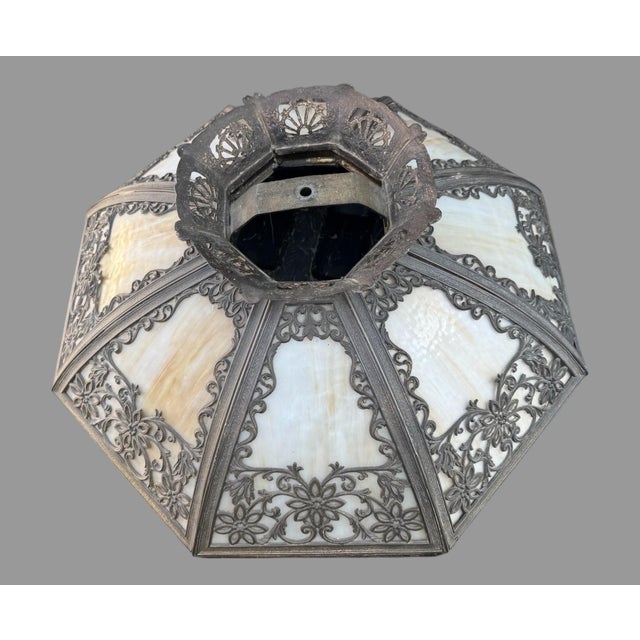 Antique Victorian 22" Ornate Metal Overlay Hanging Slag Glass Lamp Shade In good original condition showing some typical...