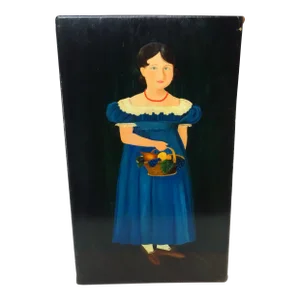 Vintage Folk Art Oil on Wood of Girl in Blue Dress Artist Signed E. Wolcott